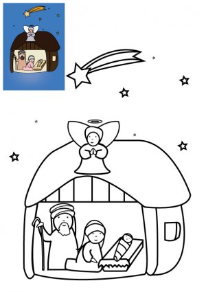 Coloriage de Noël la crèche de Noël avec un ange à imprimer gratuitement pour les enfants