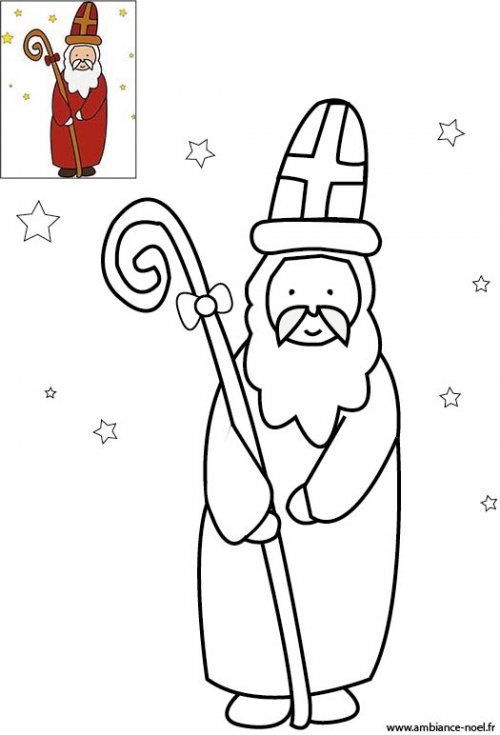 Coloriage le Saint Nicolas avec sa crosse et sa cape rouge à imprimer ...