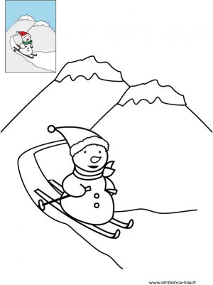 Coloriage de Noël Bonhomme de neige qui fait du ski à imprimer gratuitement pour les enfants