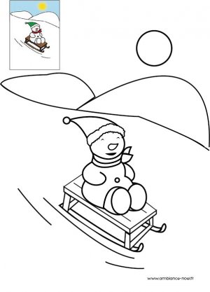 Coloriage de Noël Bonhomme de neige qui fait de la luge à imprimer gratuitement pour les enfants