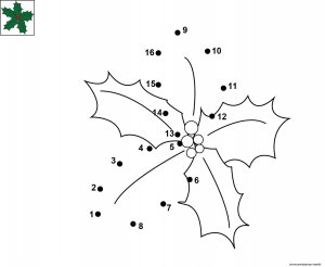 Dessin de points à relier et colorier pour Noël, La branche de houx de Noël à imprimer