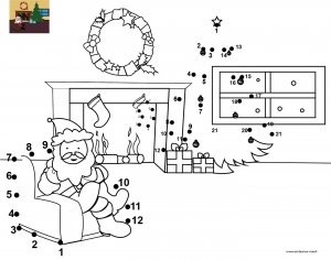 Dessin de points à relier et colorier pour Noël, Le Père Noël dans son fauteuil à imprimer