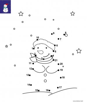 Dessin de points à relier et colorier pour Noël, Le bonhomme de neige avec son bonnet de Noël à imprimer