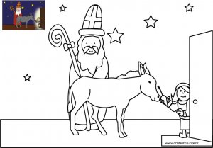 Coloriage de Noël, Le Saint Nicolas avec son âne à imprimer pour les enfants