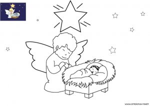 Coloriage de Noël, L'ange de Noël près de l'enfant Jésus à imprimer pour les enfants