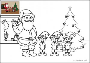 Coloriage de Noël, le Père Noël avec ses lutins à imprimer pour les enfants