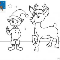 Coloriage de Noël, Le lutin du Père Noël avec un renne à télécharger et à imprimer gratuitement