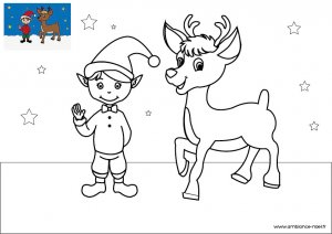 Coloriage de Noël, Le lutin du Père Noël avec un renne à télécharger et à imprimer gratuitement