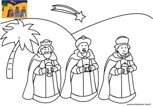 Coloriage de Noël, Les rois mages suivant l'étoile du berger à télécharger et à imprimer gratuitement