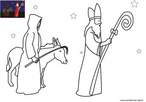 Coloriage de Noël, Le Saint Nicolas et le Père Fouettard avec leur âne à imprimer pour les enfants