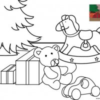 Coloriage de Noël, Les jouets au pied du sapin de Noël à imprimer pour les enfants