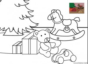 Coloriage de Noël, Les jouets au pied du sapin de Noël à imprimer pour les enfants
