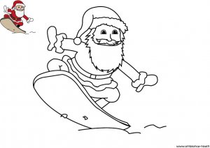 Coloriage de Noël, Le Père Noël qui fait du surf à imprimer pour les enfants