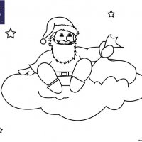 Coloriage de Noël, Le Père Noël sur un nuage dans le ciel à imprimer pour les enfants