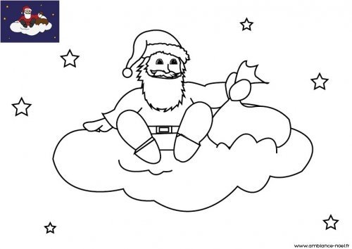 coloriage de noel le pere noel sur un nuage dans le ciel a imprimer pour les enfants 211 B